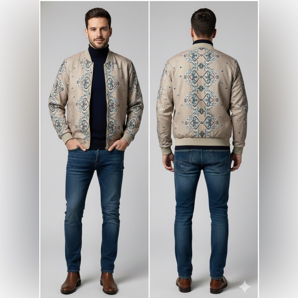 Men's Beige Patterned Bomber Jacket - Picture 11 of 11